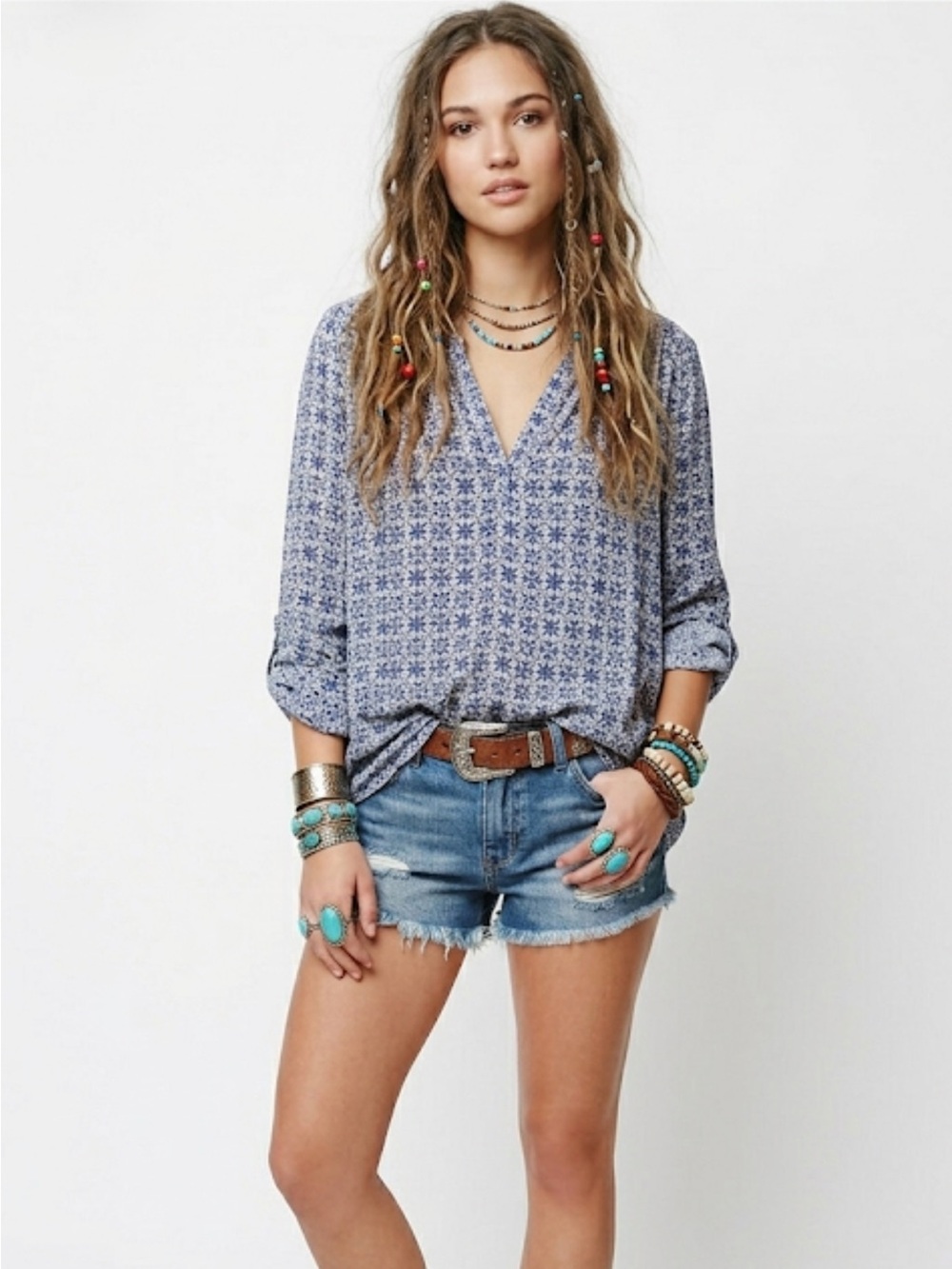 FLEUR BLEUE Blue Boho Women's Top